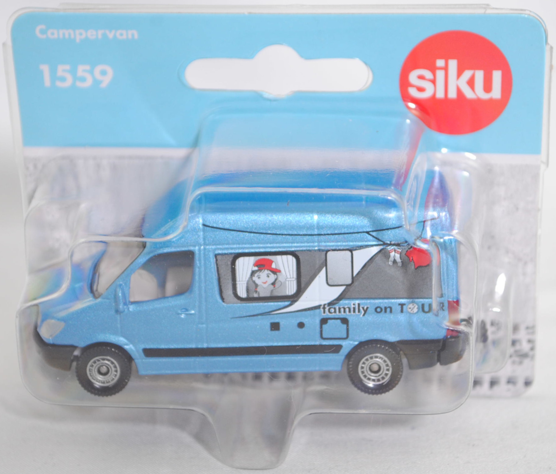 00000 Mercedes-Benz Sprinter II (NCV 3, W 906, Vor-MoPf, Modell 2006-2009) Kastenwagen Campervan, hell-brillantblaumetallic, family on TOUR, SIKU SUPER, 1:77, P29f