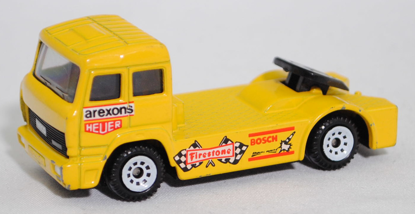 00001 Iveco TurboStar (Modell 1987-1990) Renntruck (Truck-Racing-Europameisterschaft 1989-1993, Klasse B), gelb, arexons / HEUER / Firestone / BOSCH, C1 reinweiß, SIKU, 1:86, m-