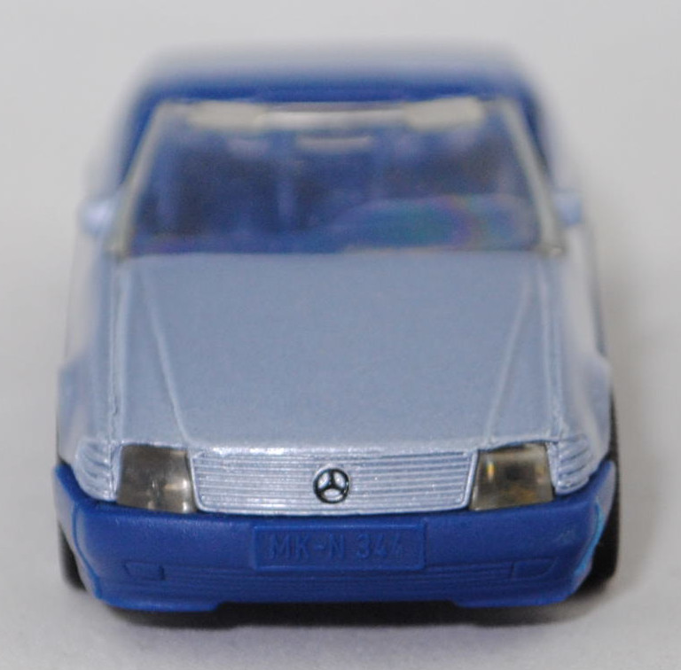 00005 Mercedes-Benz 500 SL ohne Verdeck (Hardtop) (R 129, Modell 1989-1992), silberblaumetallic/saphirblau, Scheibe seitlich lackiert, Heckklappe mit Stern, Hong, B7, SIKU, 1:55, m (Verdeck weg)