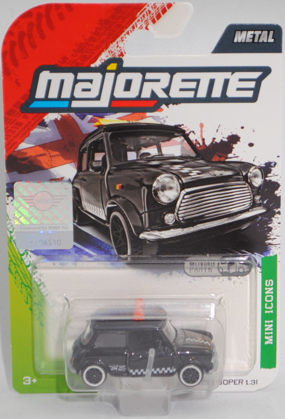 MINI Cooper 1.3i (ADO20, Modellcode XN, 5. Facelift 1991, Modell 1991-1996) Taxi (Nr. 265E), schwarz, Schild TAXI auf dem Dach, majorette, 1:53, Blister (MINI ICONS PREMIUM CARS)