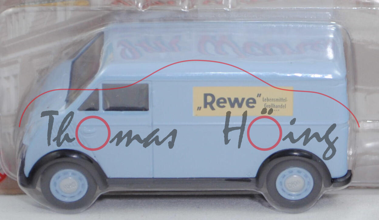 DKW-Schnellaster F 89 L Kastenwagen (Modell 1952-1954), blass-pastellblau, Rewe, 1:43, Blister