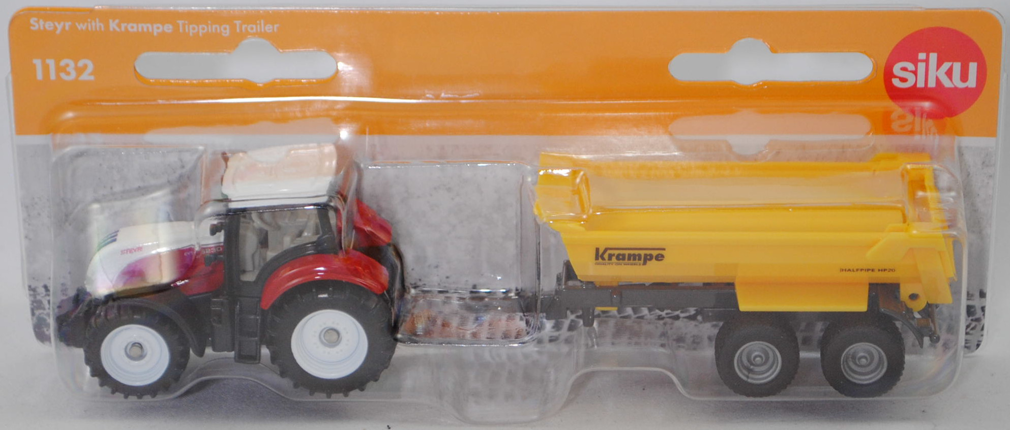00000 Steyr 6230 CVT ecotech (5. Generation, Modell 2011-2015) mit Krampe Halfpipe Tandem Erdbaukipper HP 20 (Modell 1999-), weiß/rot und gelb/grau, SIKU SUPER, P29f
