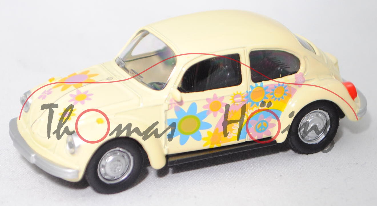 VW Käfer 1303 Limousine (Typ 11, Modell 1972-1974) Peace & Love, blassgelb, Norev CLASSIC, 1:54, mb