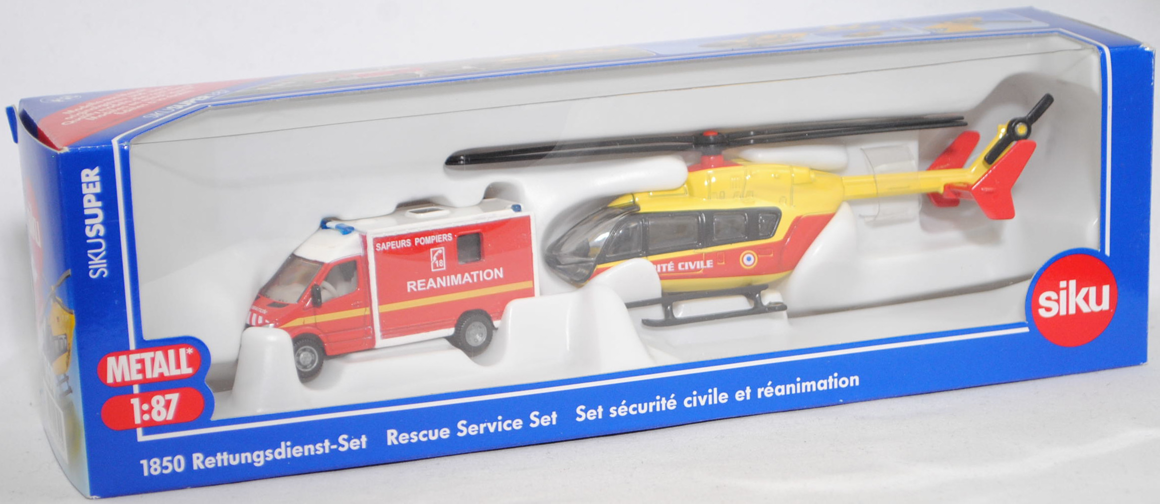 00100 F Rettungsdienst-Set: RTW Mercedes-Benz Sprinter II und Eurocopter EC 145 Hubschrauber, RTW: SAPEURS POMPIERS / C 18 / REANIMATION; Hubschrauber: SÉCURITÉ CIVILE, SIKU, 1:87, L17mK