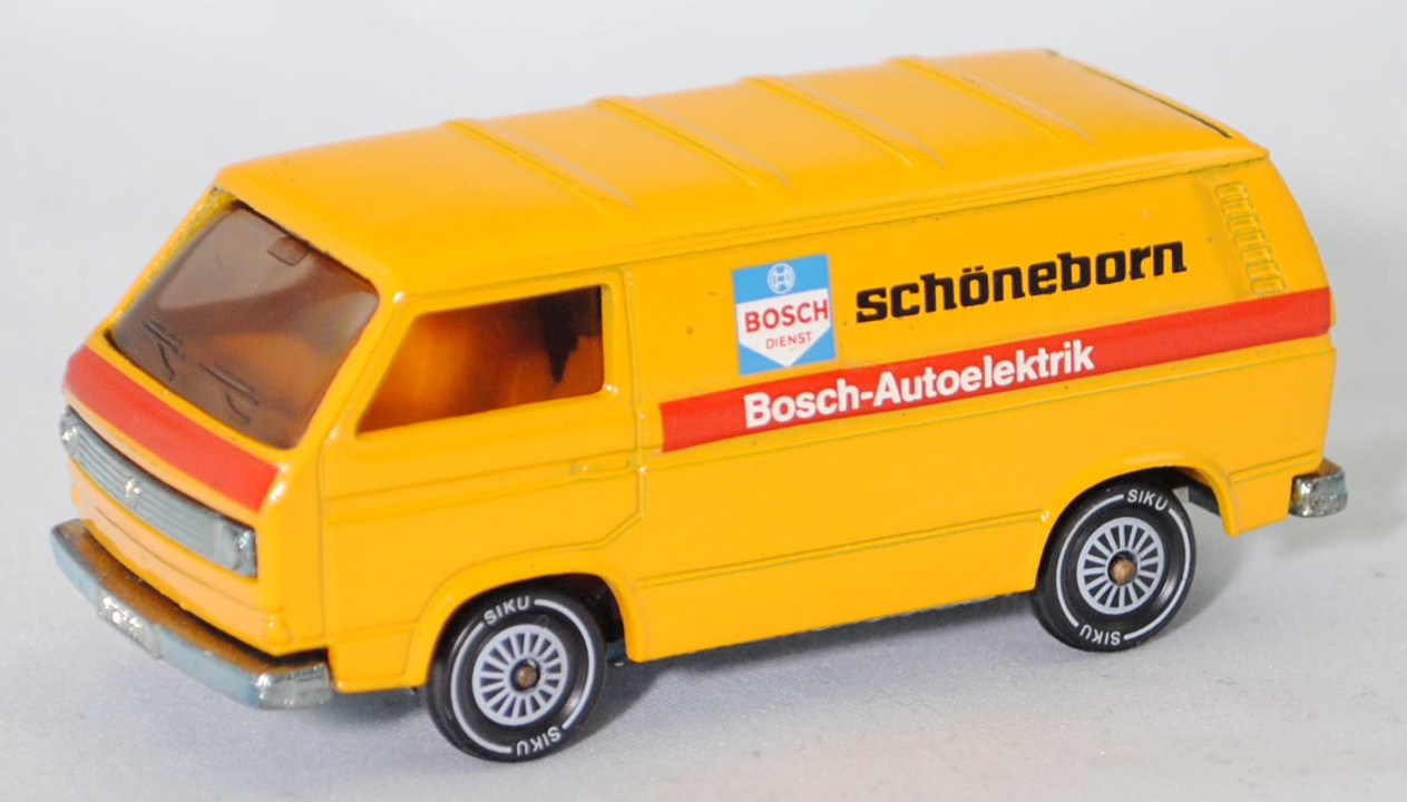 VW Transporter Kastenwagen (Typ 2 Transporter 3 (T3, Modell '80), Modell 1979-1982), hell-signalgelb, BOSCH / DIENST / Bosch-Autoelektrik / schöneborn, SIKU, 1:60, m-