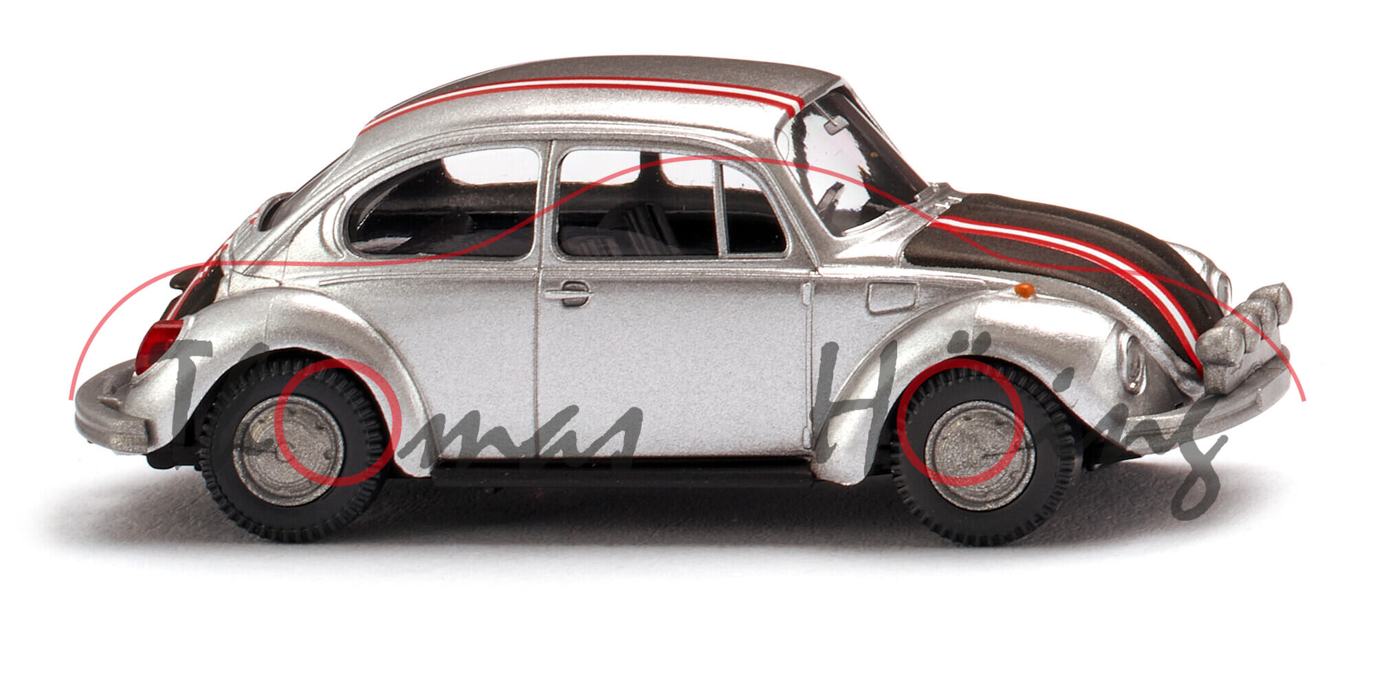 VW Käfer 1303 S (Typ 11, Mod. 72-73) Rallye, silber, Hauben vorne hinten schwarz, Wiking, 1:87, mb