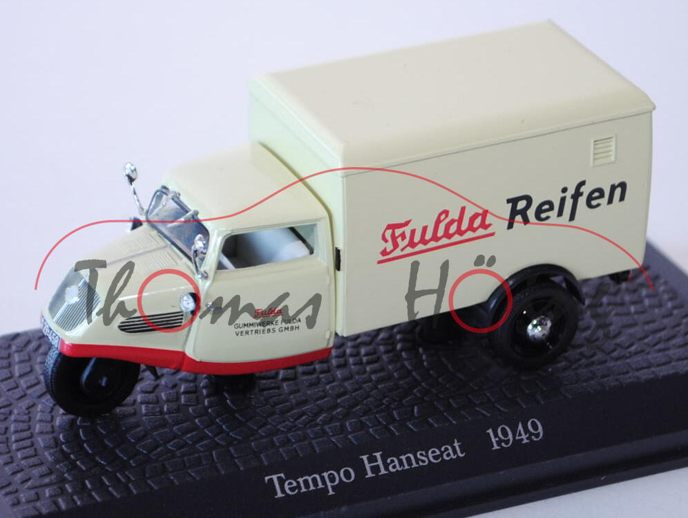 Tempo Hanseat, Baujahr 1949, Modell 1949-1956, grünbeige/verkehrsrot/schwarz, Fulda Reifen / Fulda /