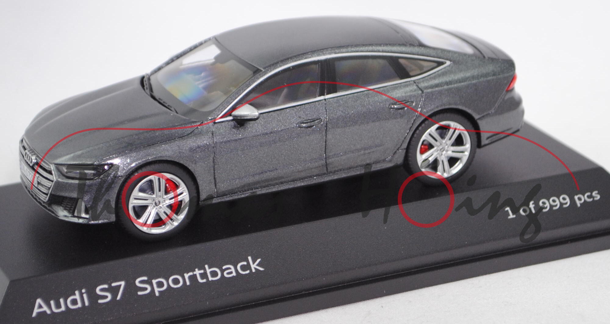 Audi S7 Sportback TDI (C8, Typ 4K, Modell 2019-), daytonagrau perleffekt, Jaditoys, 1:43, Werbebox