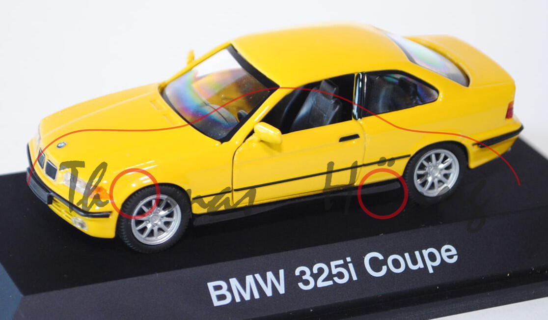 BMW 325i Coupé (Typ E36/2), Modell 1992-1995, verkehrsgelb, Türen zu öffnen, Schuco, 1:43, PC-Box