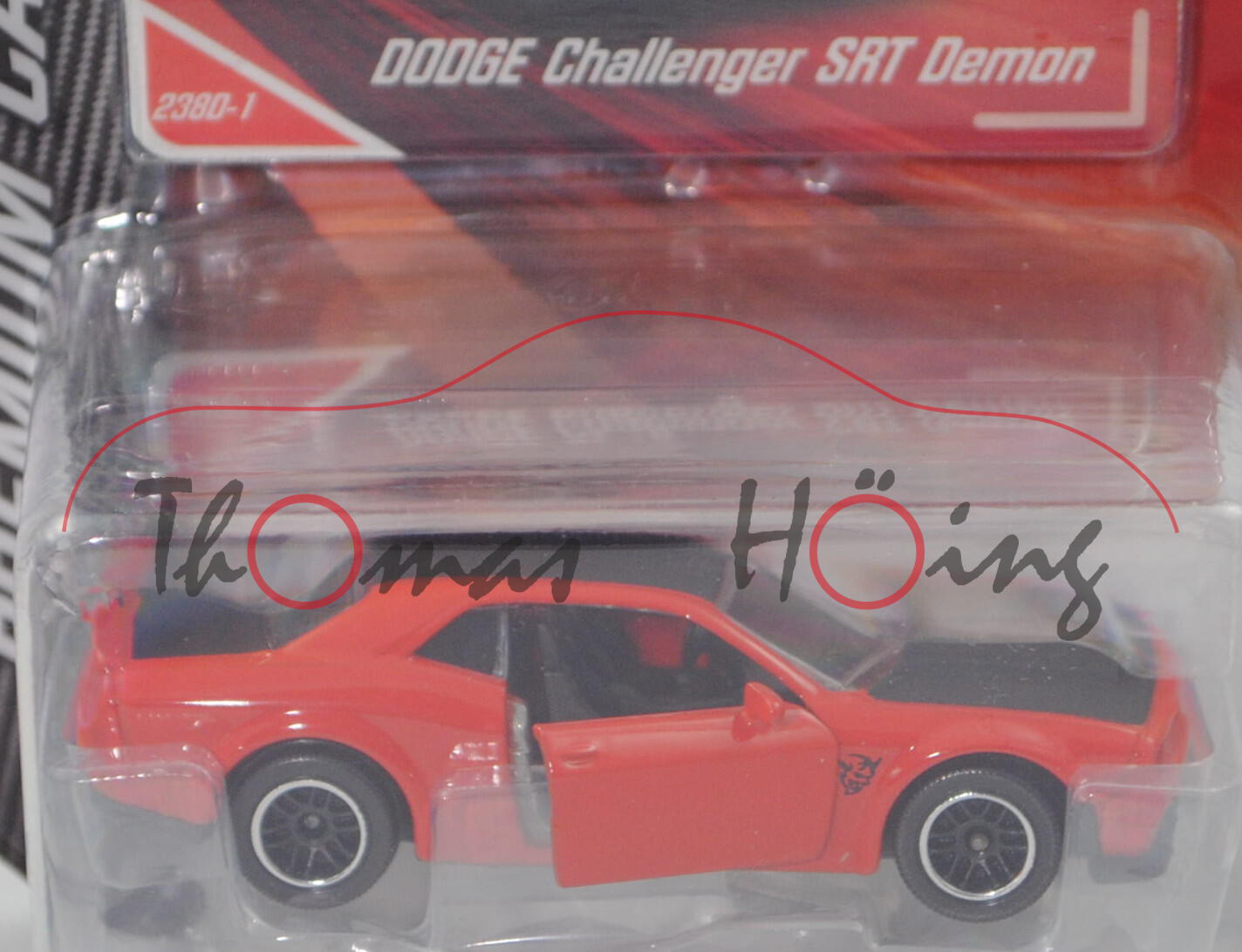 Dodge Challenger SRT Demon (Mod. 2017-2018), feuerrot/schwarz, Nr. 238D-1, majorette, 1:66, Blister