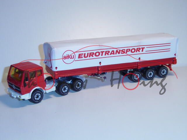 00006 Mercedes 2232 Sattelzug mit Plane, verkehrsrot/cremeweiß, siku EUROTRANSPORT, Verglasung gelb,