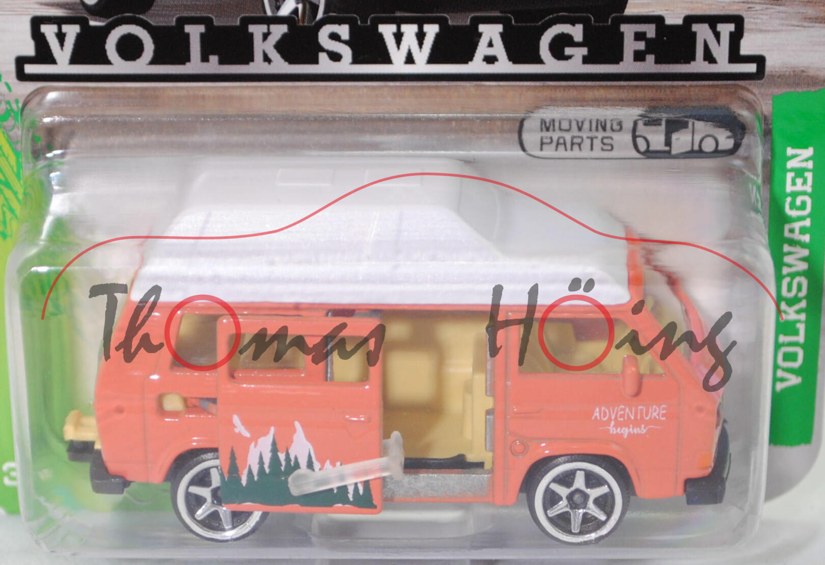 VW Transporter Camping JOKER 3 syncro 1,9 Liter (T3, Modell '80, Modell 1985-1989), lachsorange, ADVENTURE / begins, majorette, 1:62, Blister (VOLKSWAGEN PREMIUM CARS)