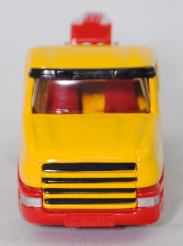 00004 Scania T114GB 6x4 NZ 340 (Serie 4, Fahrerhaustyp CT14, Modell 1995-1998) Abschleppwagen, gelb, Ausleger mit Abschlepphaken rot, C1 chrom, SIKU SUPER, 1:86, m