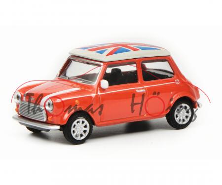 Mini Cooper Union Jack (Typ MK VI, Modell 1992-1996), hell-feuerrot, Dach reinweiß, Schuco, 1:64, mb