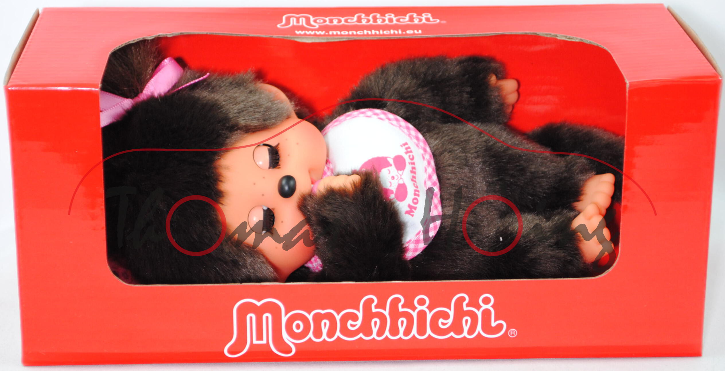 Monchhichi Sleep Eyes Girl with pink sleep Bib (schlafendes Mädchen), 20 cm groß, Sekiguchi