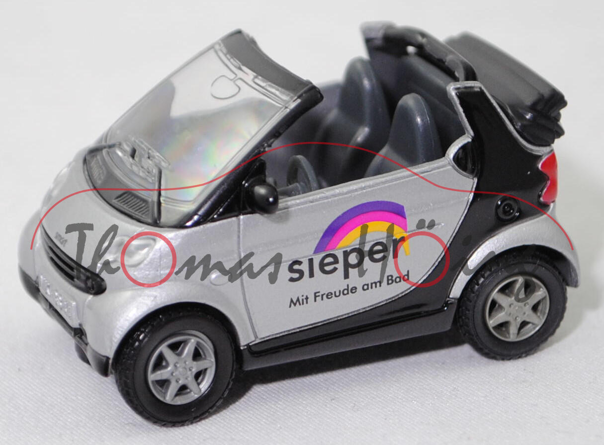 00402 sieper smart fortwo cabrio (Mod. 2000-2003), silber, sieper/Mit Freude am Bad, SIKU, Werbebox