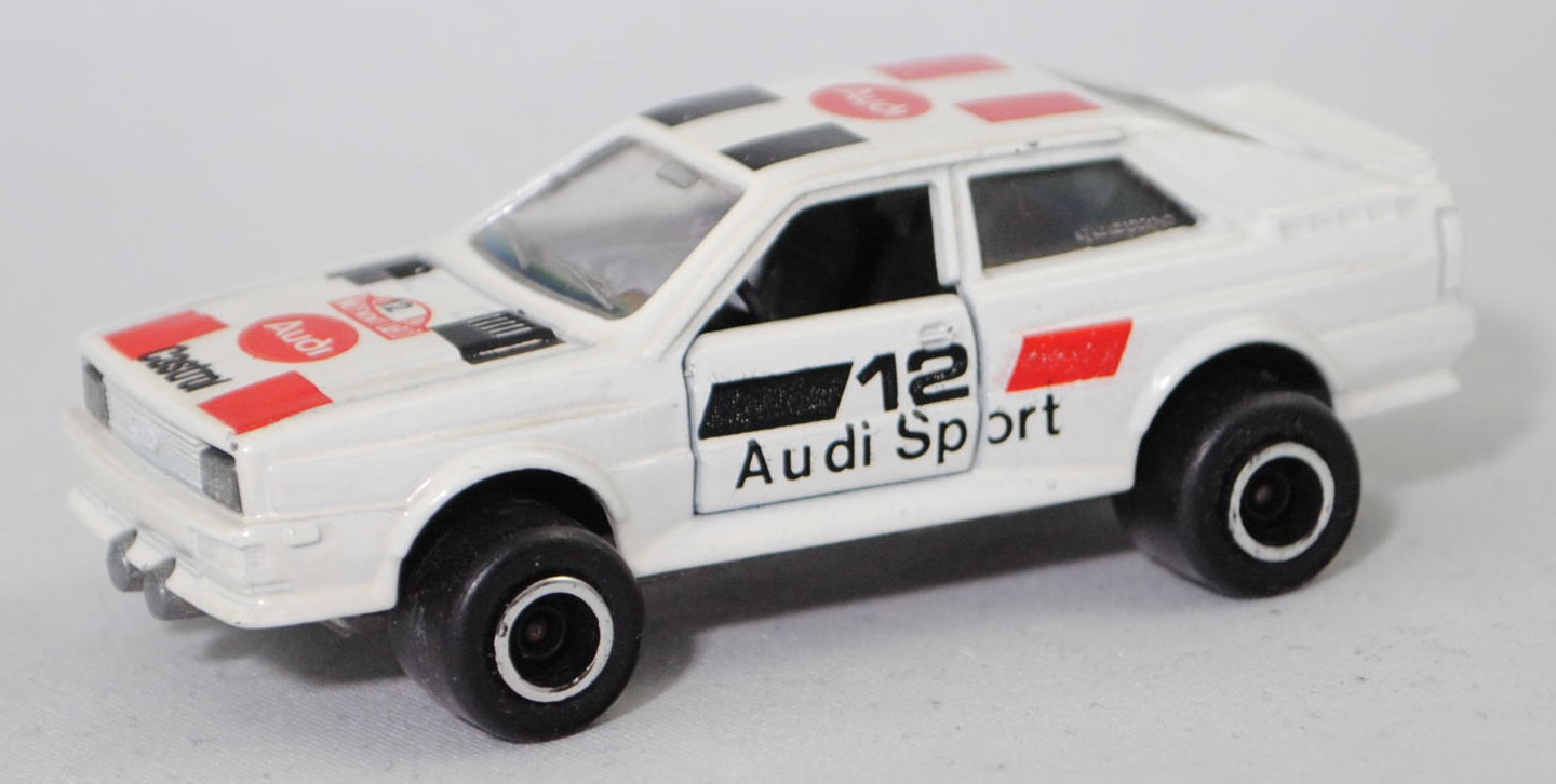 Audi quattro Gruppe 4 (B2 / R1, Typ 85Q, Homologationsnummer 671, Modell 1981-1982), alpinweiß (L90E), Streifen / 12 / Audi Sport / 49. Rallye Monte Carlo 1981, majorette, 1:58, m