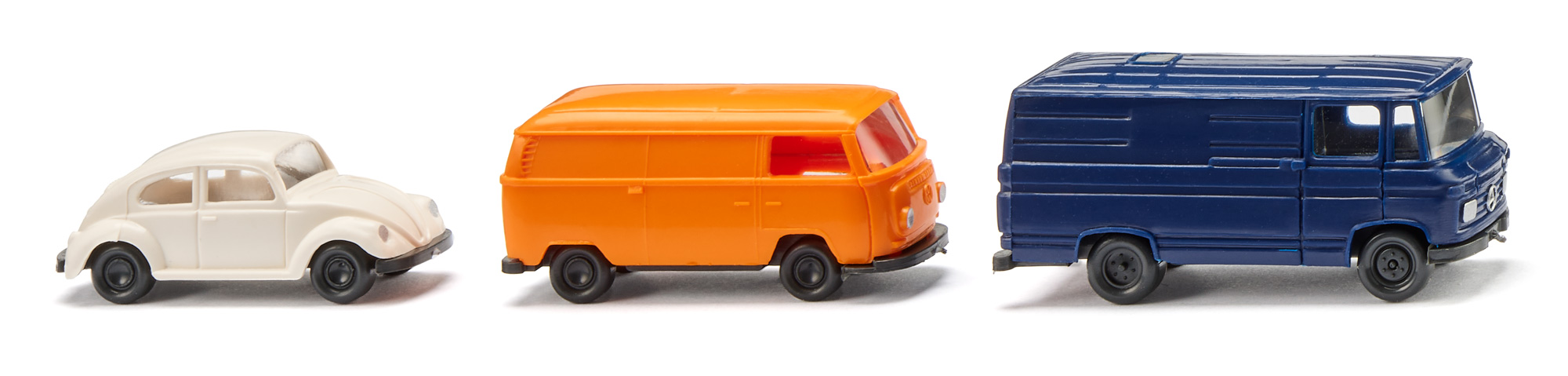 Ein PKW und zwei Kastenwagen, VW Käfer 1300 + VW Transporter T2a + Mercedes-Benz Großtransporter L 406 D, orange + blau + weiß, N-Spur, Wiking, 1:160, mb