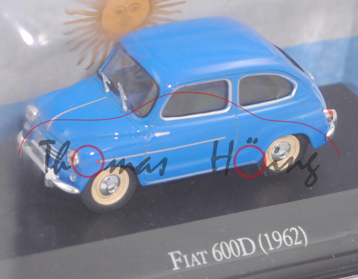 FIAT 600 D (2. Generation, Typ 100, Modell 1960-1964), blau, EDITION ATLAS, 1:43, Hauben-Blister