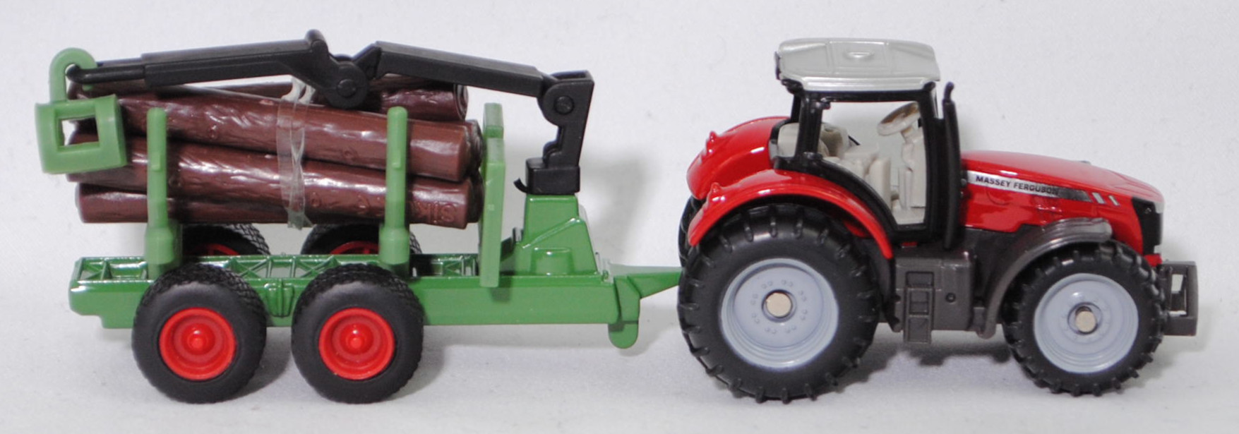 00000 Massey Ferguson MF 8737 Dyna-VT Efficient (Modell 2014-2017) Traktor und Forstanhänger mit Zwei-Achs-Fahrgestell, karminrot und hell-grasgrün, SIKU SUPER, P29f