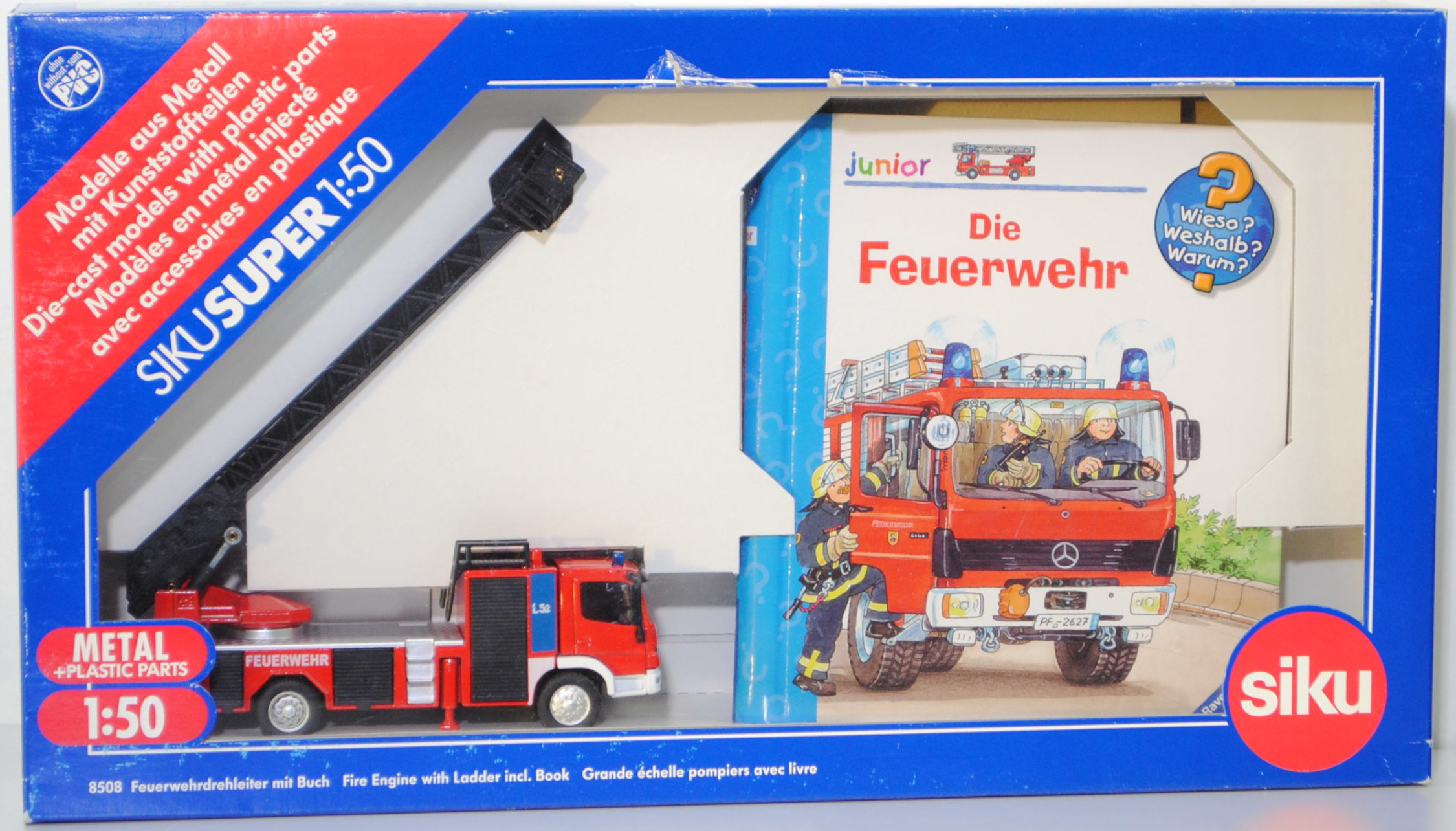 00000 Hubrettungsfahrzeug ROSENBAUER L32A-XS auf Fahrgestell Mercedes-Benz Atego 1528 Feuerwehr-Drehleiter (DLAK 23/12) mit Buch, rot/weiß, SIKU SUPER 1:50, L16nmp m-