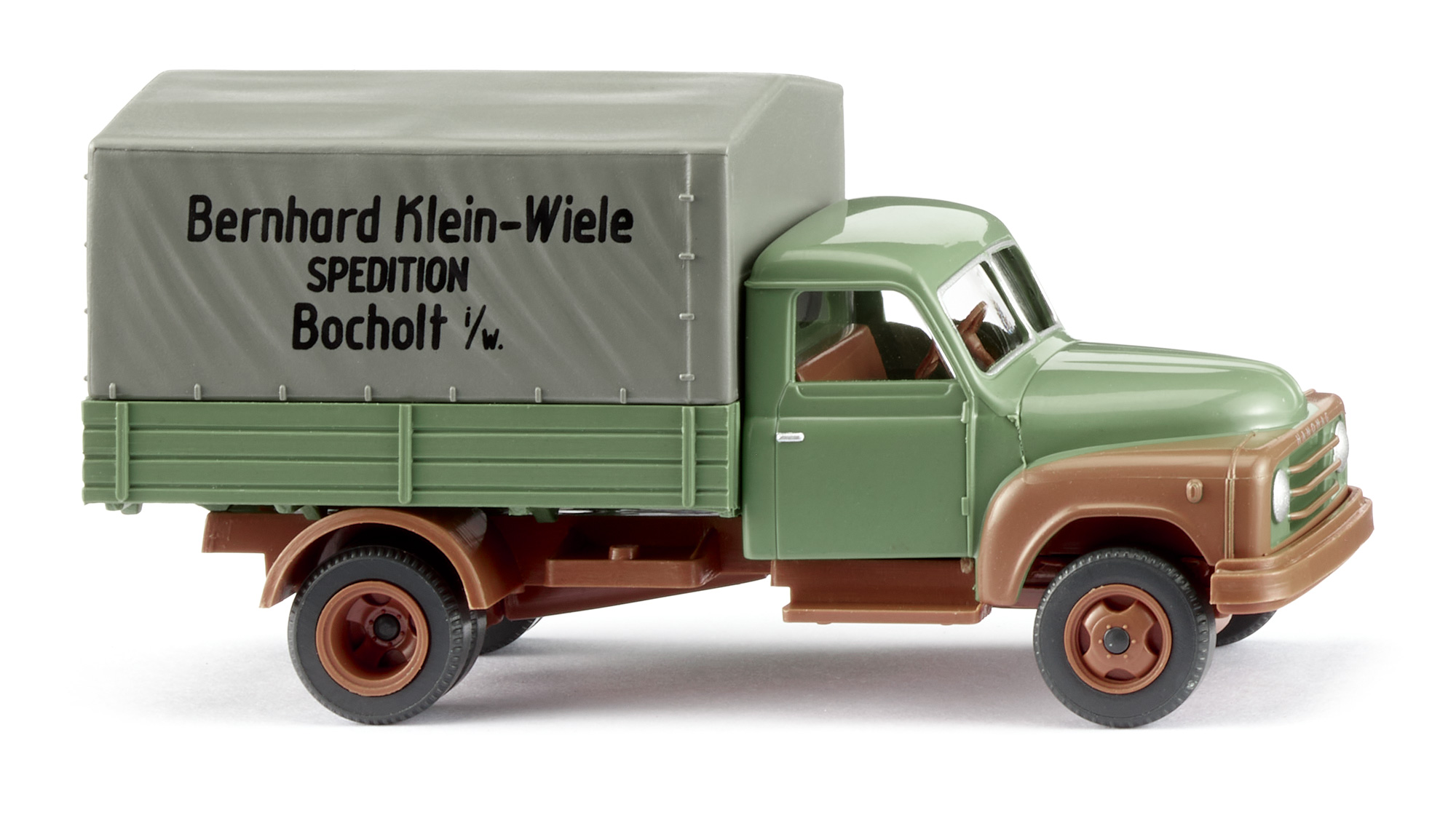 1,5 t HANOMAG L 28 Pritschenwagen mit Plane (Modell 1955-1956), resedagrün, Plane moosgrau, Bernhard Klein-Wiele / SPEDITION / Bocholt i/W., Wiking, 1:87, mb