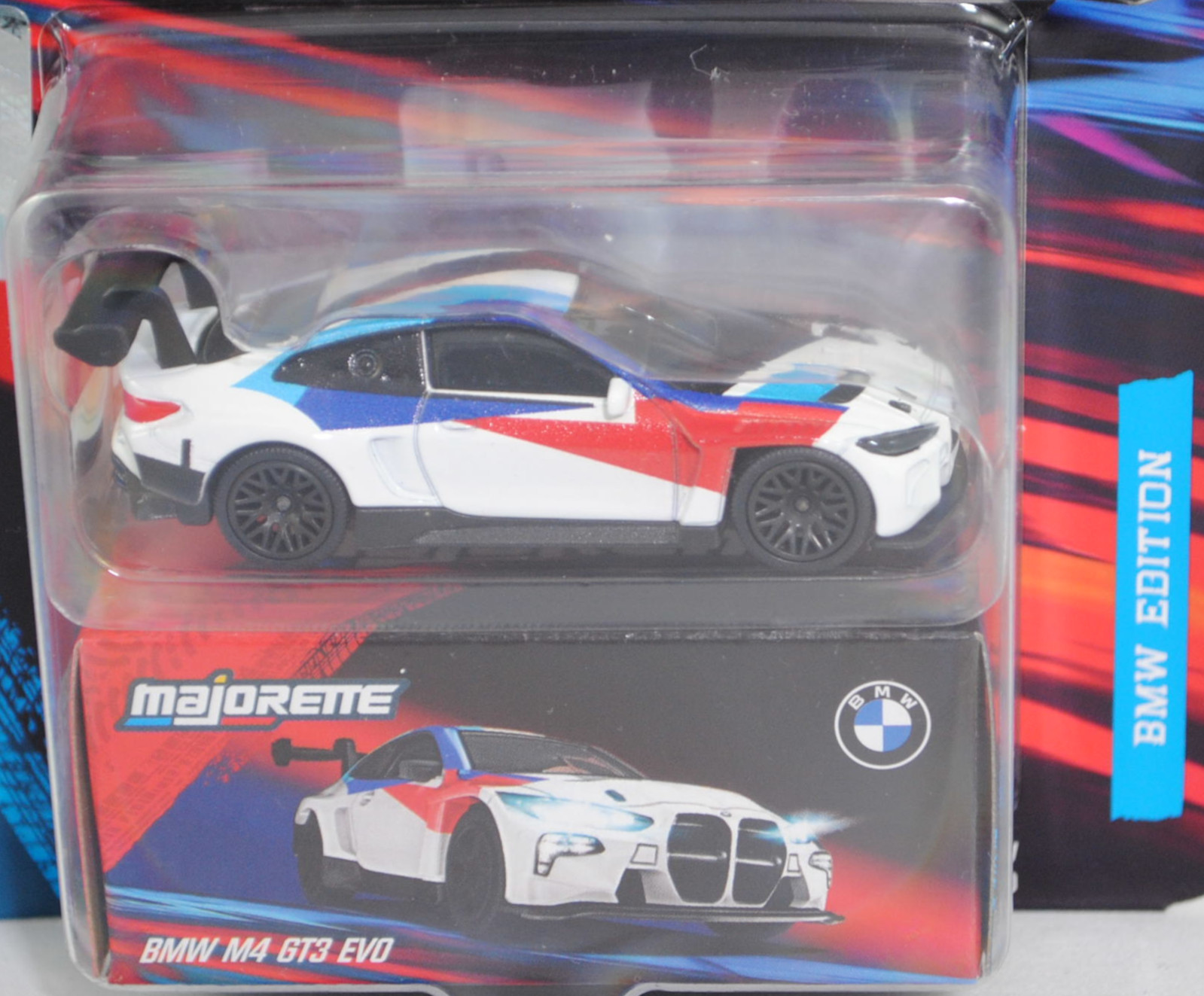 BMW M4 GT3 EVO (G82, Modell 2024-) (Nr. 257I), Karosserie alpinweiß uni, Zierstreifen in BMW Motorsport-Farben, majorette, 1:65, Blister (BMW EDITION DELUXE CARS)