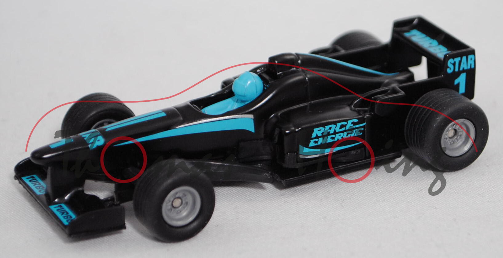 00005 Formel 1 Rennwagen, schwarz, STAR / 1 / RACE_ / ENERGIE in hell-türkisblau, SIKU, 1:55, P29e