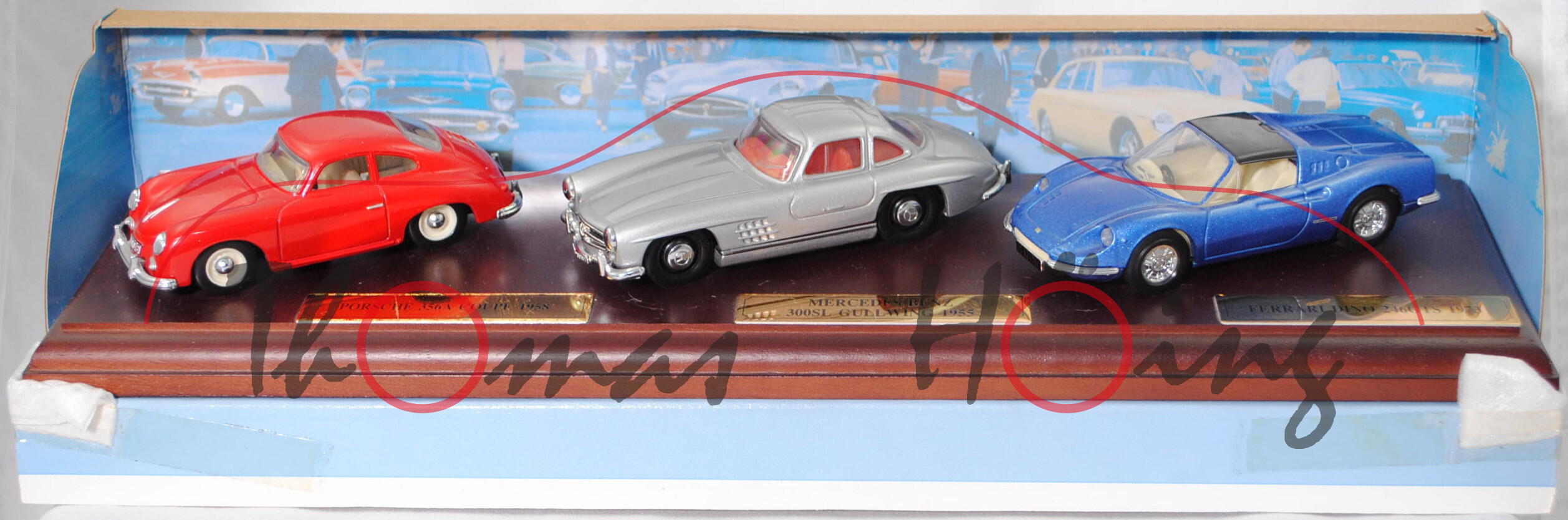 Klassische Sportwagen Serie 1: Porsche 356 + MB 300 SL + Ferrari Dino 246 GTS, DINKY, 1:43, mb (m-)