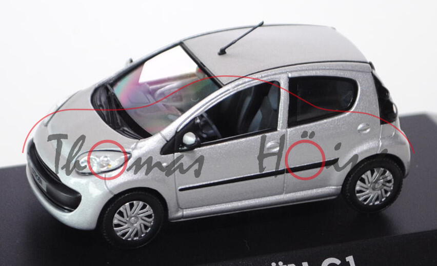 Citroen C1 Fünftürer, Modell 2005-2008, silber, Norev, 1:43, Werbeschachtel