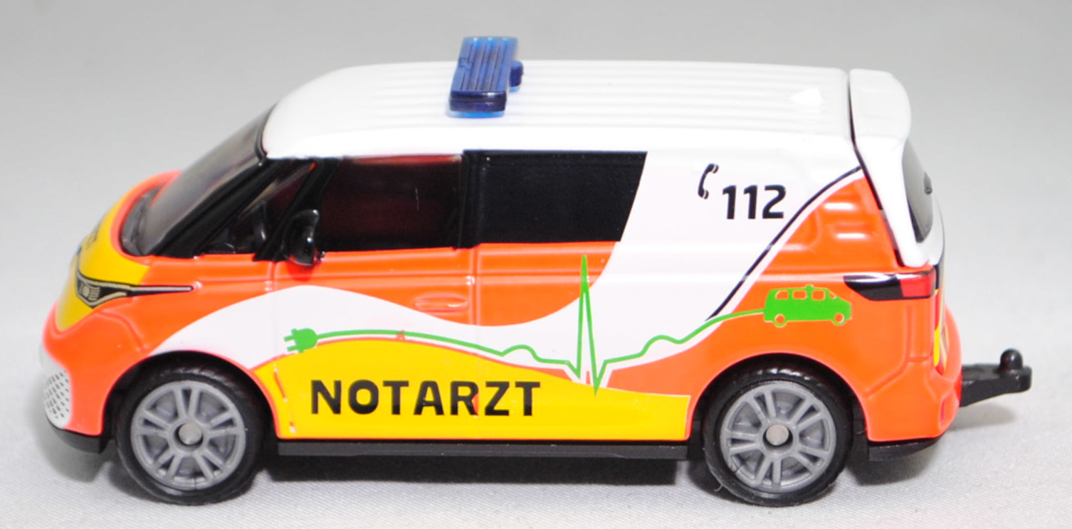 00000 VW ID. Buzz Cargo (1. Generation, interne Baureihenbezeichnung EBN, Modell 2022-) Krankenwagen, Karosserie reinweiß, C 112 / NOTARZT, SIKU SUPER, 1:61, P29f