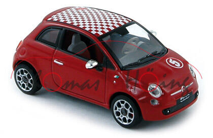 Fiat 500 Sport, Modell 2007-, rubinrot, mit weißen Karos auf dem Dach, Nr. 5, Norev, 1:43, PC-Box (D