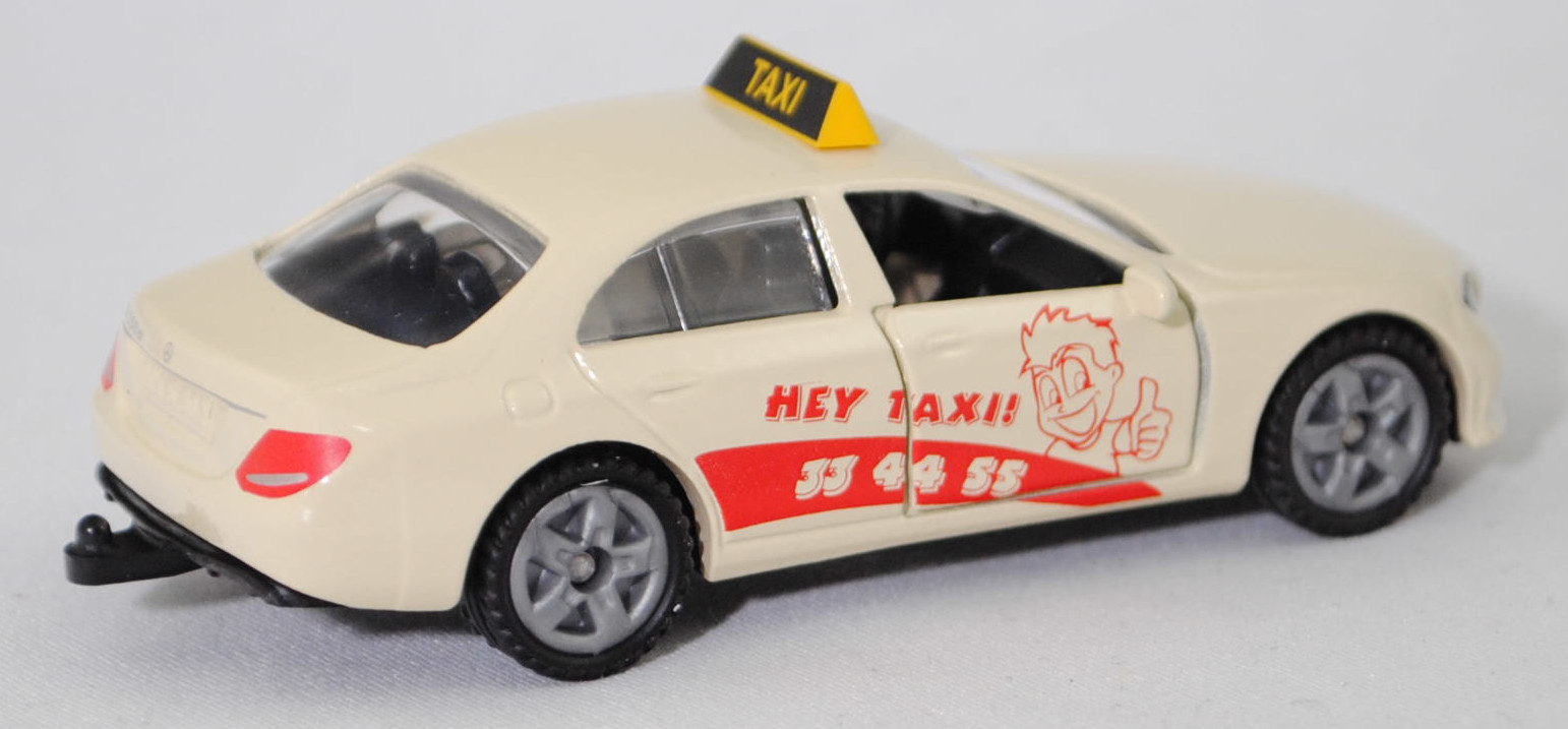 00001 Mercedes-Benz E 350 d (Baureihe W 213, Modell 2016-2017) Taxi, hellelfenbein, HEY TAXI! / 33 44 55, Nummernschild MK S 302, B47 silbergrau, SIKU SUPER, 1:61, P29f