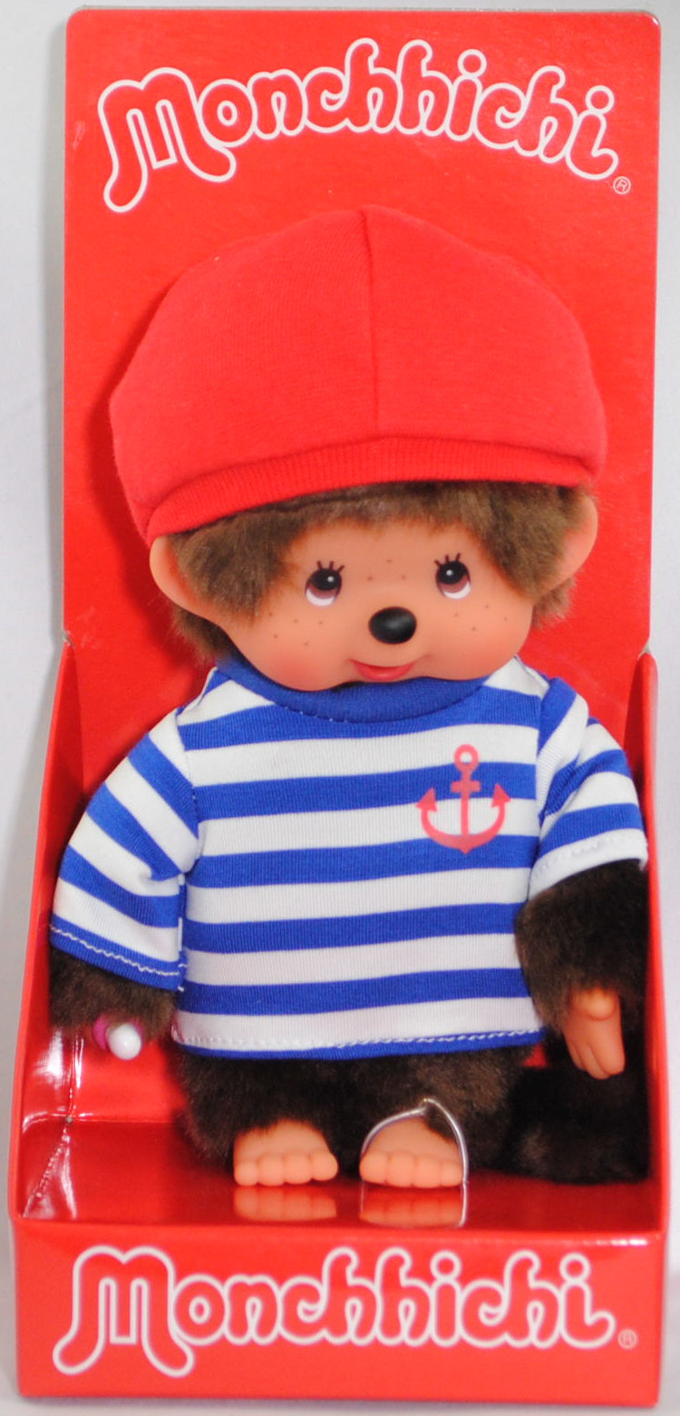 Monchhichi Red & Blue Sailor Beret Boy (Monchhichi Junge mit roter Matrosenmütze und weiß/blauem Shirt), 20 cm groß, Sekiguchi (Limited Edition) (EAN 4905610200733)
