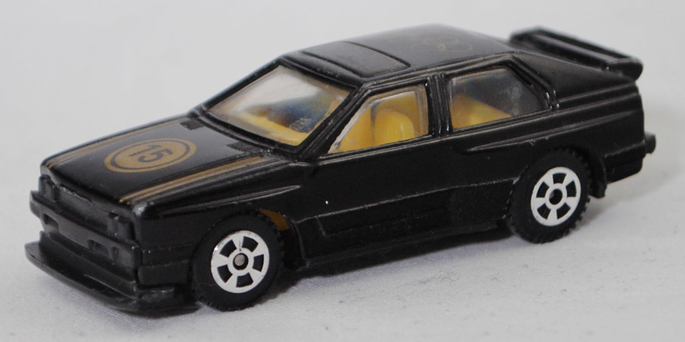 Audi quattro (1. Generation, B2, Typ 85Q, VFL (Vorfacelift), Modell 1980-1982), schwarz, Druck zwei Streifen in gold / 15, PAN TOYS, 1:65, m- (Achshalterungen nicht in Ordnung)
