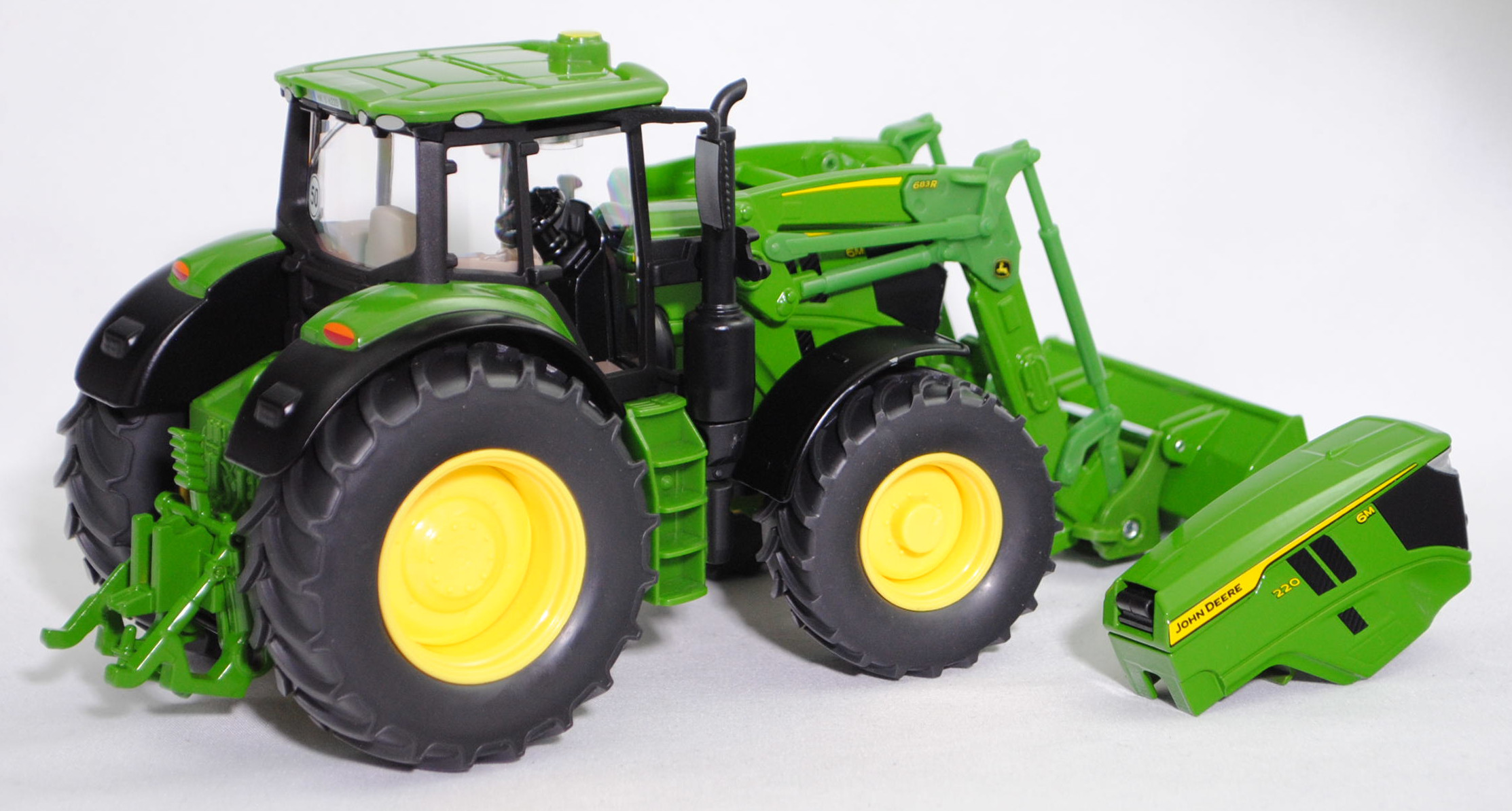 00000 John Deere 6M 220 (4. Generation, Baureihe 6M, Typ 6M, Modell 2024-) mit abnehmbarem Frontlader John Deere 683R, smaragdgrün, SIKU FARMER 1:32, L17mpK