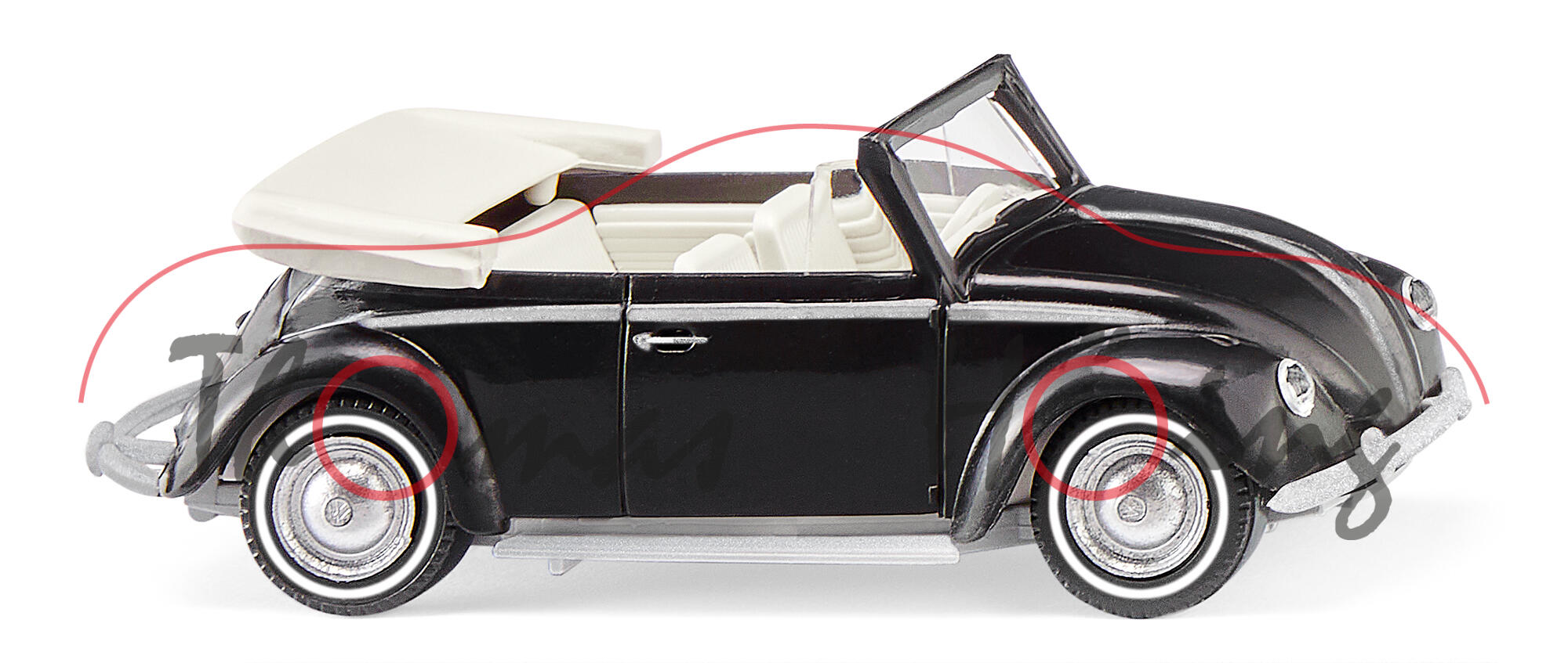 VW Käfer 1200 Cabriolet (Typ 15, Modell 1960-1963), schwarz, innen perlweiß, Wiking, 1:87, mb