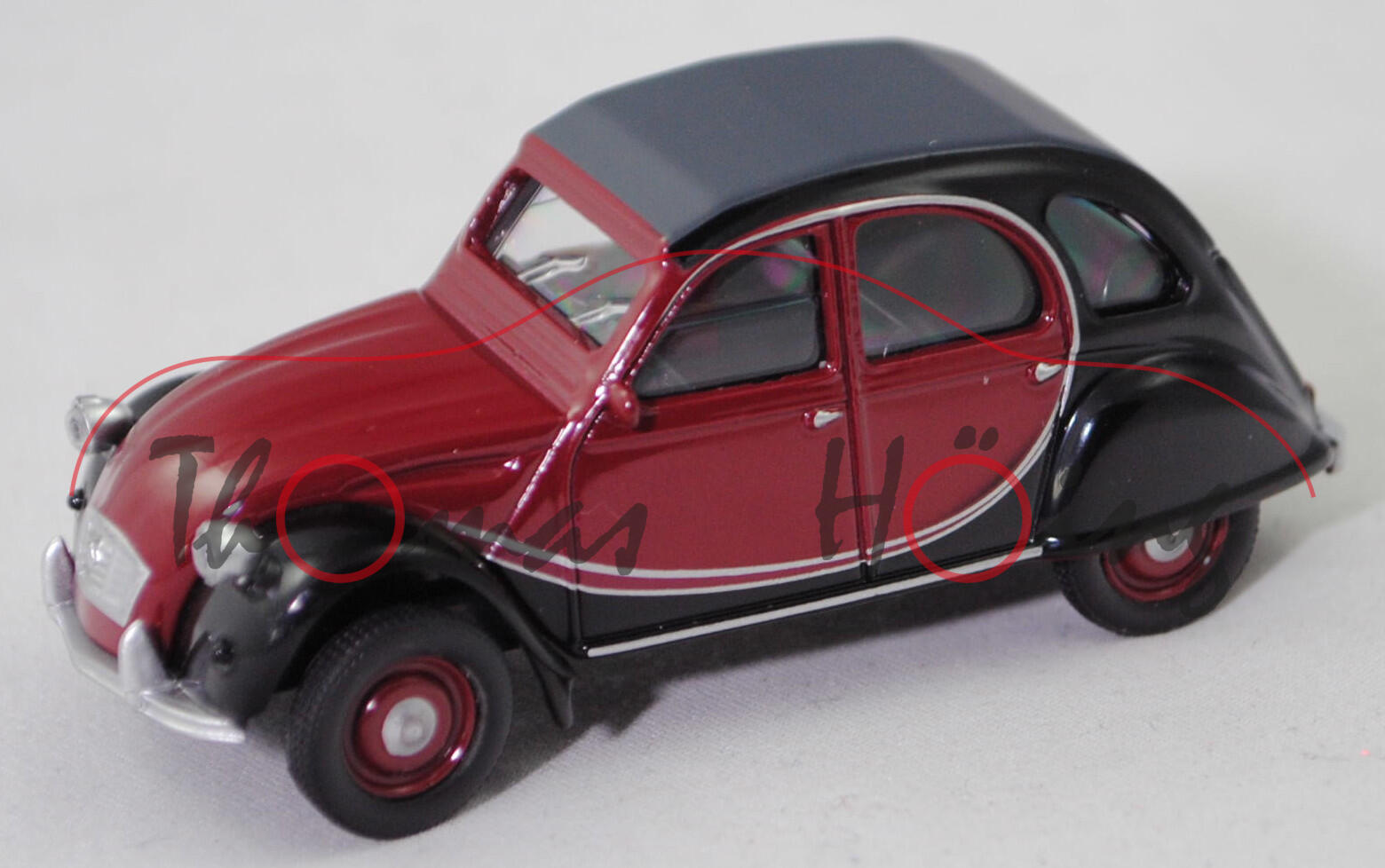 Citroen 2CV6 Charleston (AZKA, Modell 1980-1990, Baujahr 1987), rouge delage (Farbcode AC 446) / noir brillant (Farbcode AC 200), Norev, 1:54, Werbebox