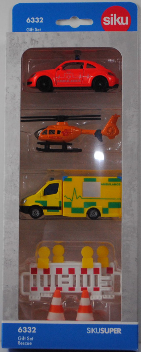 00001 Geschenkset Rettung: VW The Beetle + Eurocopter EC 135 T1 + Rettungswagen auf Mercedes-Benz Sprinter II Fahrgestell, Kühlergrill ohne Lüftungsgitter, SIKU SUPER, P33R