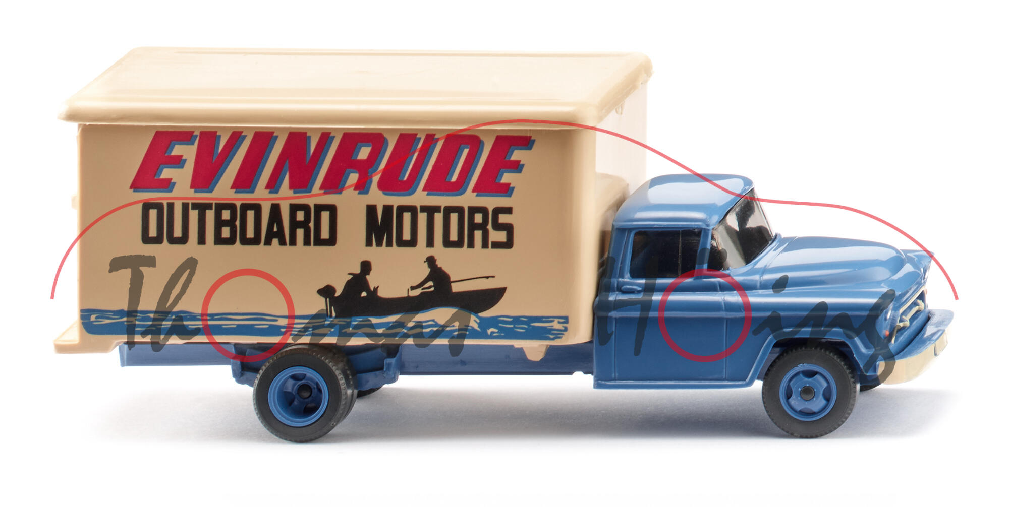 Chevrolet Task Force LKW 6503-2 ton (Modell 1955-1956) Koffer-LKW, Fahrerhaus brillantblau, Kofferaufbau beige, EVINRUDE / OUTBOARD MOTORS, Wiking, 1:87, mb