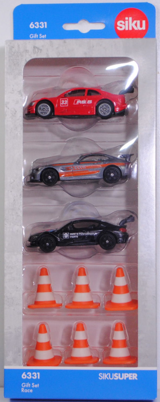 00000 Geschenkset Race: Audi RS 5 DTM, hell-verkehrsrot, Nr. 33 + Mercedes-AMG GT4, hell-blaugraumetallic + BMW M4 DTM, schwarz, Nr. 10, SIKU SUPER, P33R
