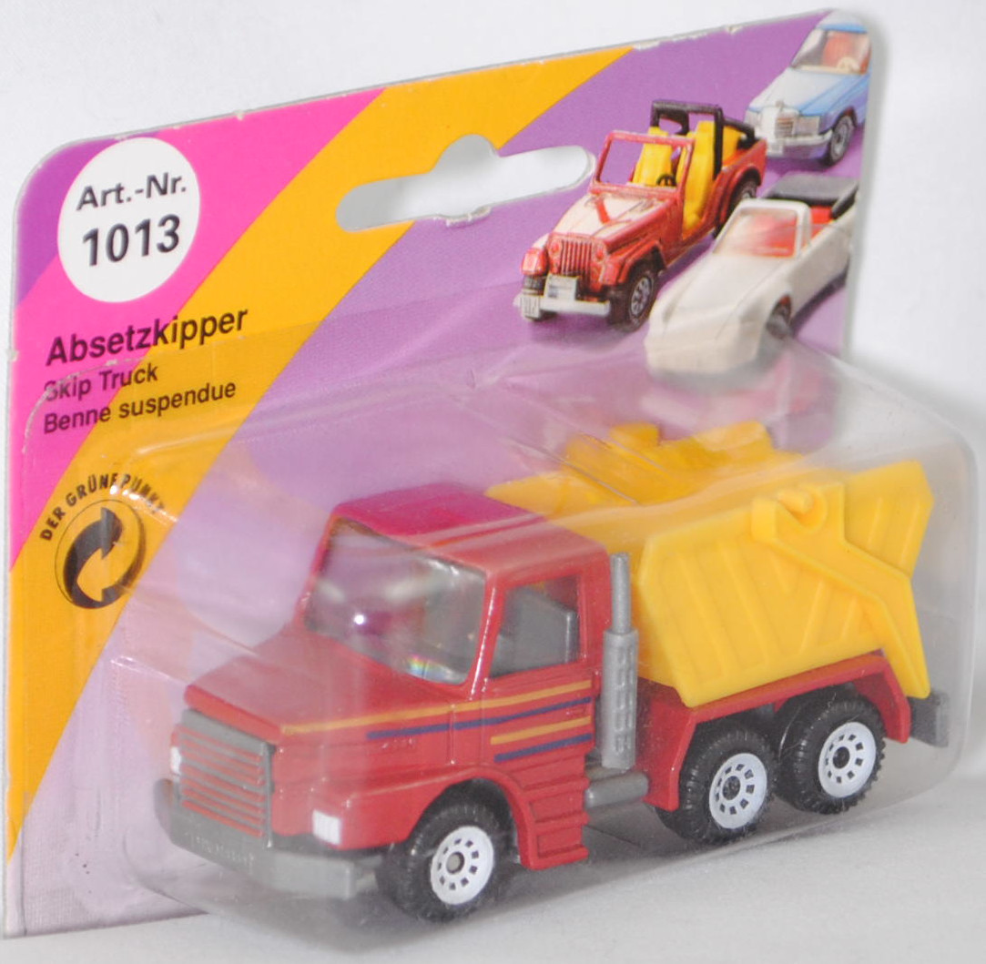 00001 Scania T143H-400 6x4 (Modell 1988-1991) Absetzkipper, rot, Streifen in gelb/blau auf den Seiten, Mulde gelb, Bpr. 0808/1013/1014, C1 weiß, SIKU SUPER, 1:93, P23