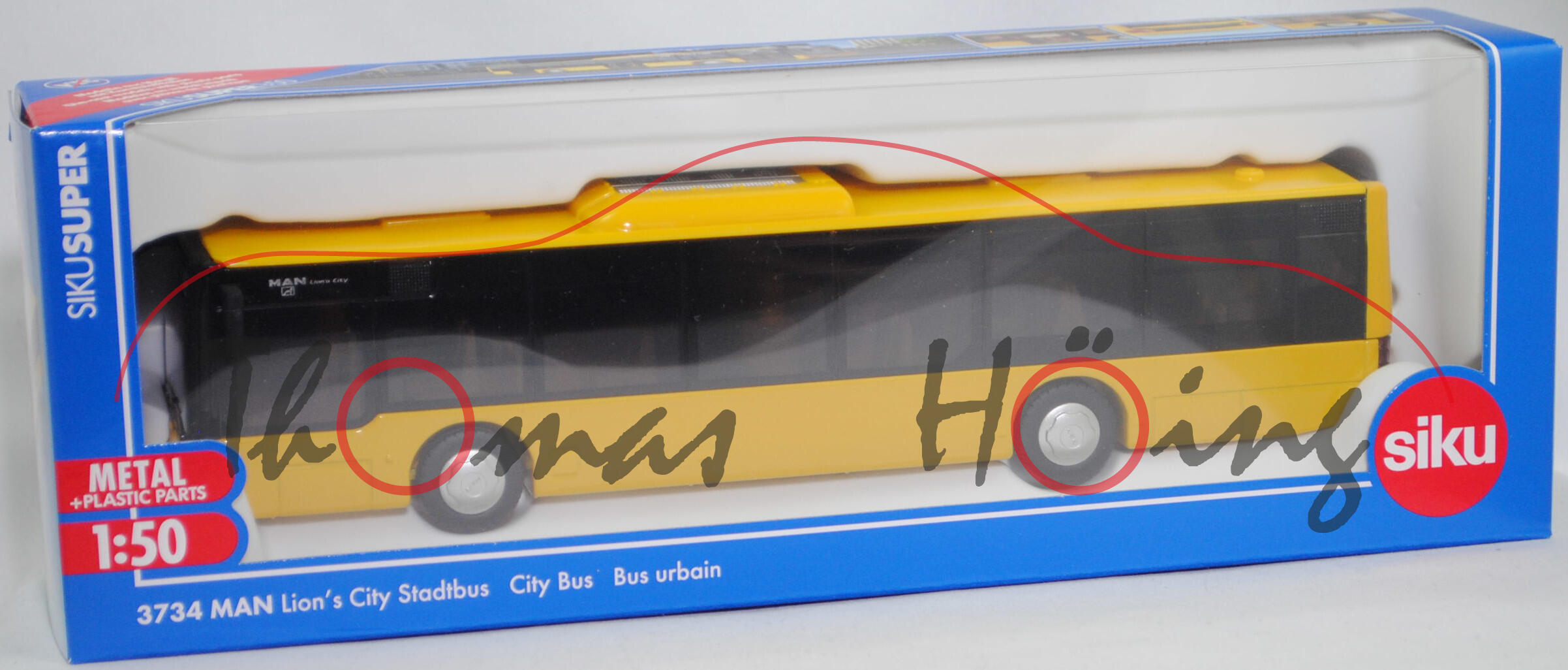 00008 MAN Lion's City Solobus mit 3 Türen (Niederflurbus Typ A37, Modell 2004-2009) (Stadtbus), verkehrsgelb, SIKU, 1:50, L17mpK