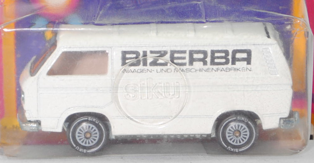 VW Transporter Kastenwagen (T3, Modell '80, Modell 1979-1982), cremeweiß, BIZERBA / WAAGEN- UND MASCHINENFABRIKEN, Verglasung rauch, SIKU, 1:60, P18