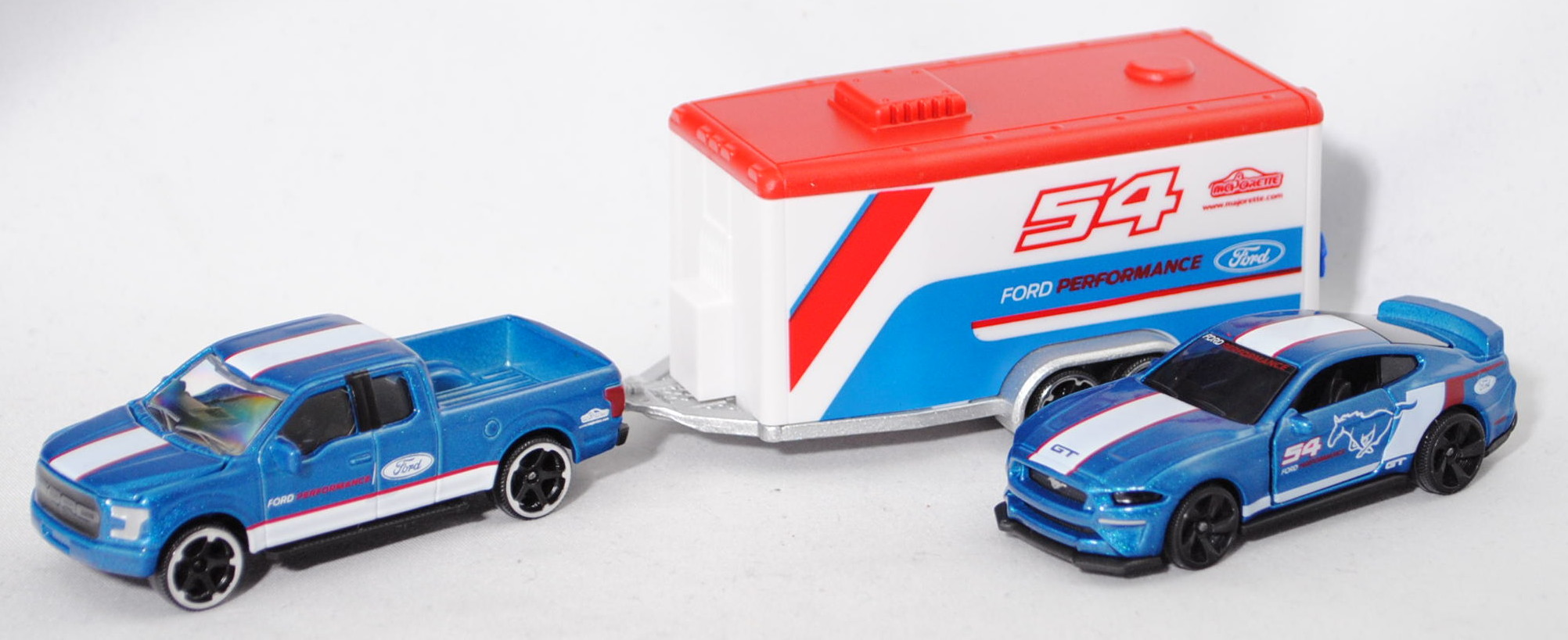 Ford F-150 RAPTOR + Autotransporter + Ford Mustang vom Team FORD PERFORMANCE, majorette, mb