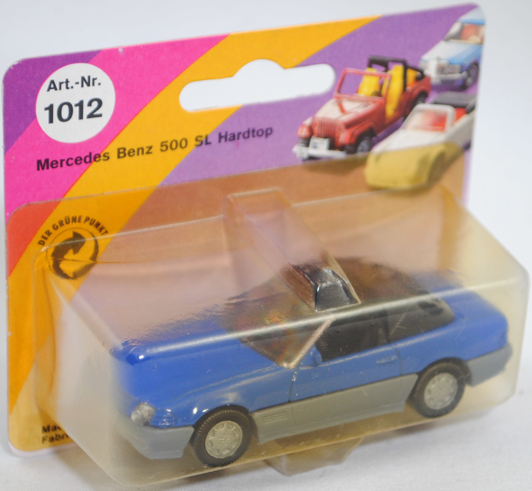 00001 Mercedes-Benz 500 SL mit Verdeck (Hardtop) (R 129, Modell 1989-1992), hell-enzianblau/fehgrau, Scheibe seitlich unlackiert, Heckklappe ohne Stern, Germ, B7, SIKU, 1:55, P23 vergilbt