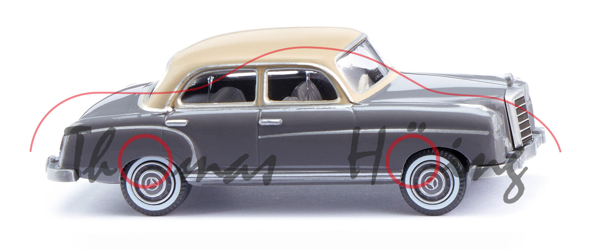 Mercedes-Benz Typ 220 a Limousine (W 180 I, Großer Ponton-Mercedes, Modell 1954-1956), basaltgrau, Dach elfenbeinbeige, Wiking, 1:87, mb