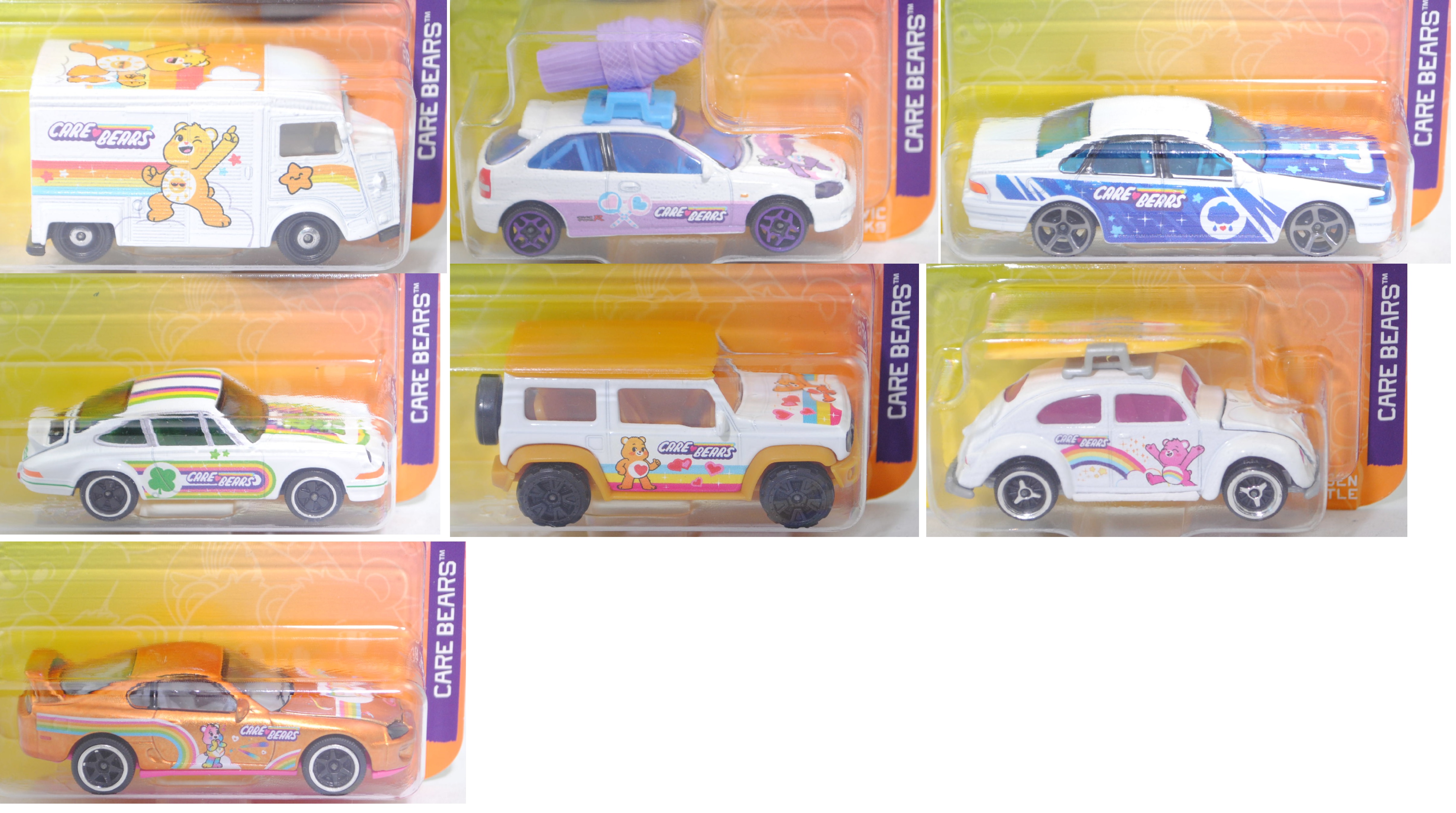 Set CARE BEARS™ (7 Modelle): Citroen HY + Honda Civic + NISSAN Cefiro + Porsche 911 RS 2.7 + Suzuki Jimny + Toyota Supra + Volkswagen Käfer, majorette, Blister (CARE BEARS™ CARS)
