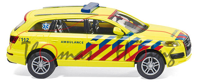 Notarzt Niederlande - Audi Q7 (Typ 4L), Modell 2006-2009, leuchtgelb, AMBULANCE C 1-1-2, Wiking, 1:8