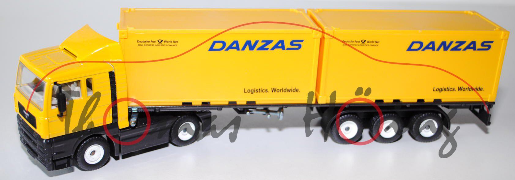 MAN TGA Container-LKW, kadmiumgelb/schwarz, DANZAS / Logistics. Worldwide., weiße LKW16, Spiegel rec